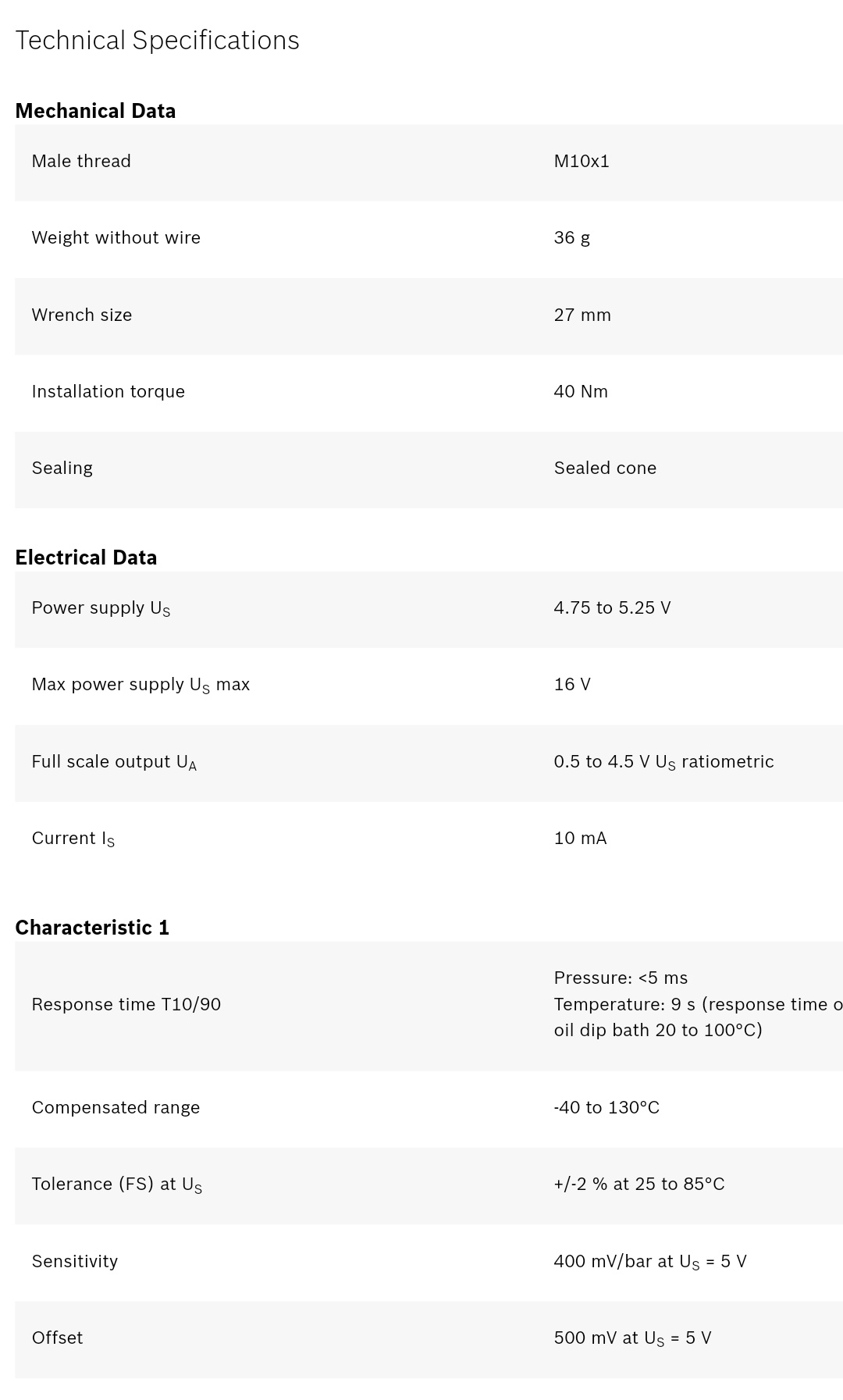 oil sensor specs