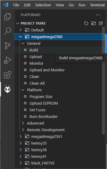 PlatformIO task selction